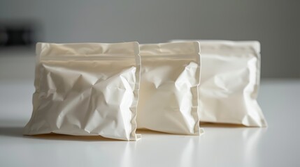 Three plain white flexible packaging bags on a white surface. Studio shot with copy space. Packaging and branding mockup concept for design and print.