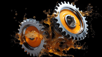 two gears on a black background, working in cooperation, covered with engine oil, the systematic work of the team - obrazy, fototapety, plakaty