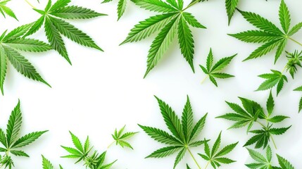 Cannabis plant leaves isolated on white background. Medicine or cosmetology theme background