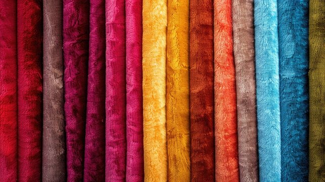 Bright collection of colorful velour textile samples. Fabric texture background