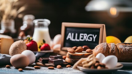A collection of food allergic to people on table. - obrazy, fototapety, plakaty
