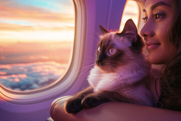 A cat and owner on flight, they are happy when travel by plane together, travel with pet.