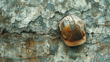 dirty construction safety helmet hanging on the wall.safety conceptual