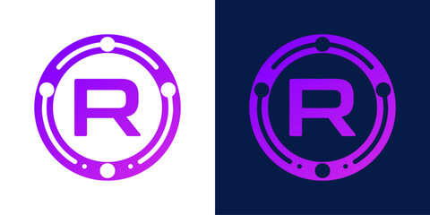 letter R logo design with dotted gradient digital circles, for digital, technology, data
