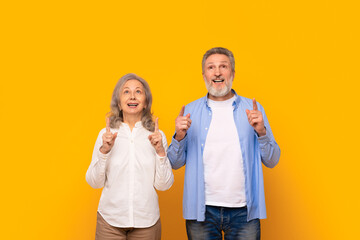 Excited senior couple pointing fingers up at free space, studio