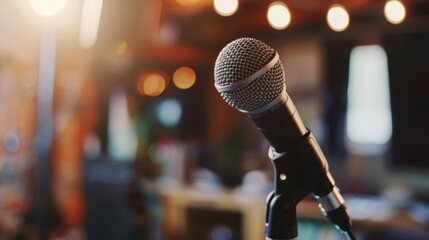 Dynamic microphone with stand in a music studio with soft focus background. Live performance and entertainment concept.