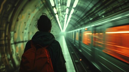 Fototapeta na wymiar Individual with backpack in vibrant subway corridor