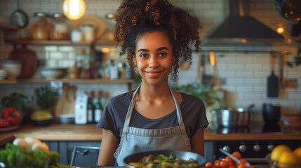 Smiling black woman in modern kitchen interior - Powered by Adobe