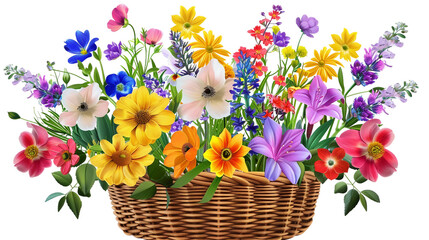 Collection of Colorful Flowers in a Basket on transparent background