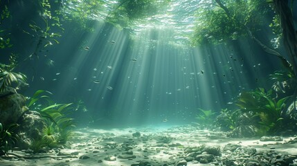 tranquil underwater scene with sunlight piercing through a lush green aquatic forest