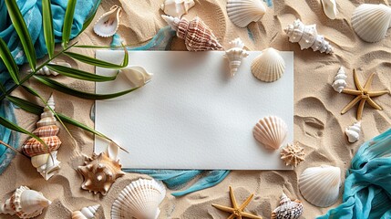 A serene beach-themed flatlay showcases a blank postcard resting on sand, encircled by seashells and a hint of ocean breeze