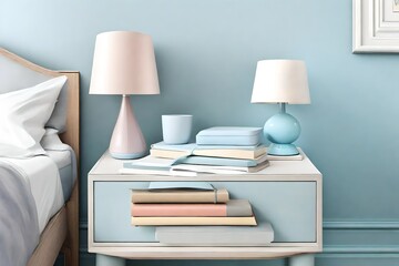 Pastel blue nightstand with lamp and a stack of pastel-covered journals