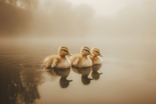 Craft an ethereal image of cute ducklings gliding gracefully through a mist-covered pond, their outlines blurred by the morning fog 