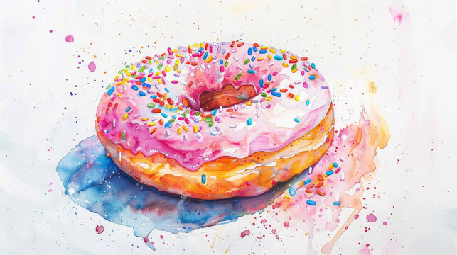 A vibrant watercolor artwork of a delicious donut with flavorful toppings.