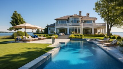 Mediterranean inspired villa with a sprawling garden and a private beach access in the exclusive Hamptons, New York