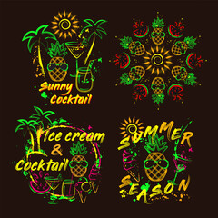 Set of tropical summer labels with icons of pineapple, ice cream, cocktail glass, text, palm trees, splattered paint. Bright glowing neon fluorescent colors. Outline, contour illustrations.
