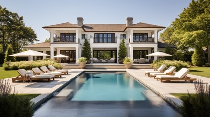 Mediterranean inspired villa with a sprawling garden and a private beach access in the exclusive Hamptons, New York