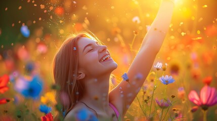 A smiling female enjoy outdoors in spring field with plant flower grass in allergy season - obrazy, fototapety, plakaty