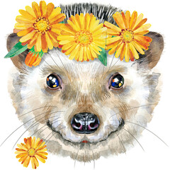 Watercolor portrait with flowers of a hedgehog on white background - 774261274