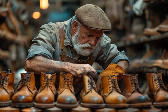 A skilled artisan closely examines the quality of stylish leather boots lined up in his workshop, exuding expertise and dedication to craftsmanship