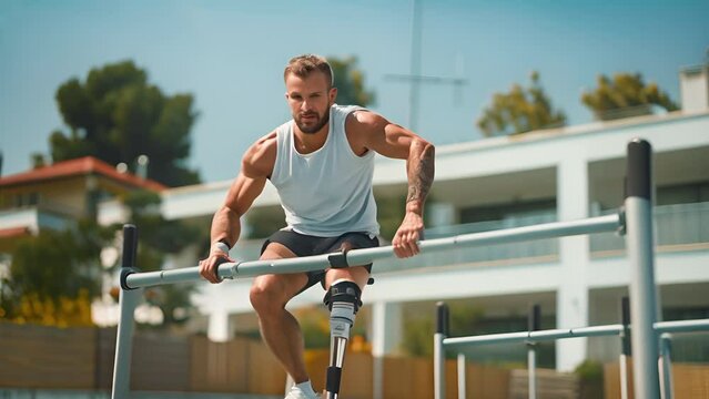 Man with prosthetic leg trains on sports ground in yard of modern residential area. Man with limited physical capabilities overcomes difficulties, rehabilitates.