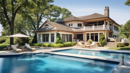 Mediterranean inspired villa with a sprawling garden and a private beach access in the exclusive Hamptons, New York