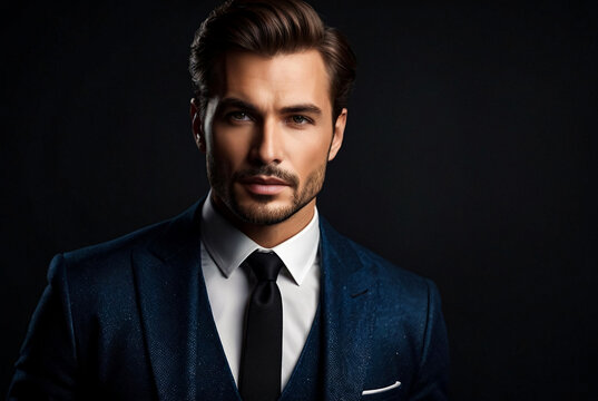 Portrait of an elegant stylish handsome man on dark background. Luxury studio fashion portrait. Guy looking assertive and interested. Concept of serious approach to your work and confidence in result