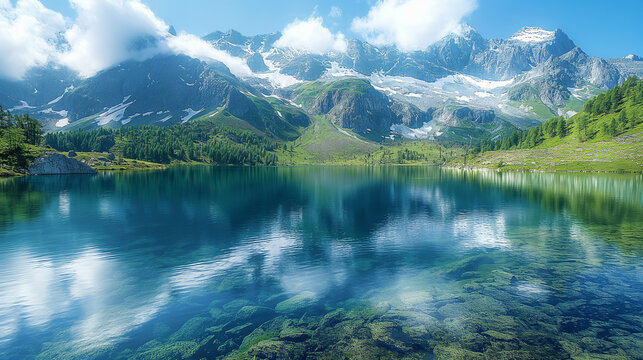 Crystal clear waters of an alpine lake reflect the surrounding peaks and lush greenery, under a sky partly shrouded by soft clouds.