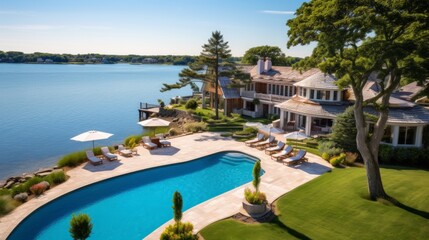 Fototapeta premium Mediterranean inspired villa with a sprawling garden and a private beach access in the exclusive Hamptons, New York