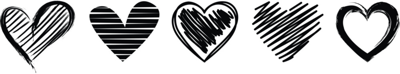 Set of  hand drawn  hearts on white background