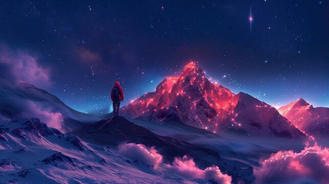 Mountain with flag and professional mountain climbing businessman on top Success and ambition, with peaks and constellations. digital picture