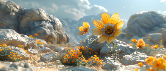 64k, 8k widescreen, wallpaper, amazing lanscape scene, flowers in desert, Scenic landscape view with snow-capped mountains, 
