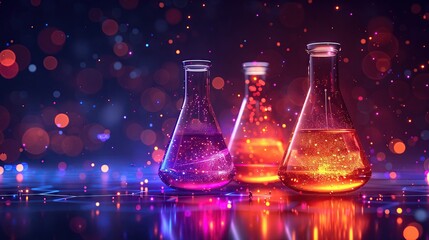Experimental flask with neon colored liquid Science and chemistry concepts Test tube or glass beaker on technology background