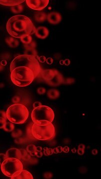 Vertical Red Bubbles on Black Background 4K Loop features red bubbles popping onto screen in a black atmosphere and floating to the side in a vertical ratio.