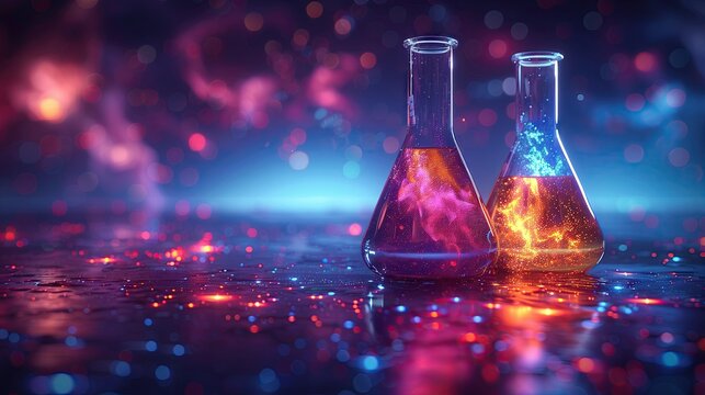 Experimental flask with neon colored liquid Science and chemistry concepts Test tube or glass beaker on technology background