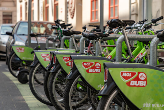 Budapest, Hungary - April 22, 2023: A picture of multiple MOL Bubi bikes in Budapest.