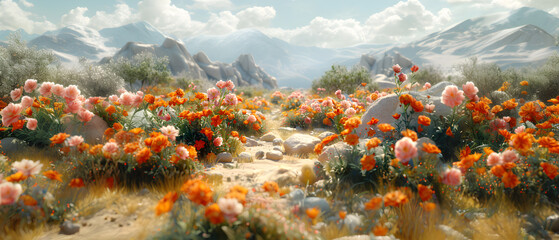 Obraz na płótnie Canvas 64k, 8k widescreen, wallpaper, amazing lanscape scene, flowers in desert, Scenic landscape view with snow-capped mountains, 