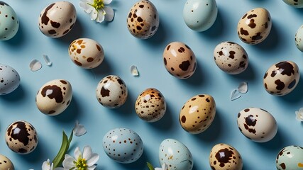 eggs on blue background Easter card background featuring vibrant little quail eggs with blossoming blossoms on a pale blue backdrop. A feature of the spring design: generative AI - obrazy, fototapety, plakaty