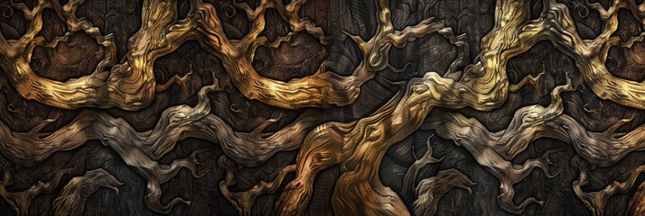 Wood and precious metals with parts of the trees transitioning from organic to golden and silver textures blending medieval mysticism with natural beauty created with Generative AI Technology - obrazy, fototapety, plakaty