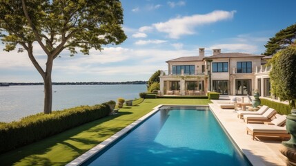Fototapeta premium Mediterranean inspired villa with a sprawling garden and a private beach access in the exclusive Hamptons, New York
