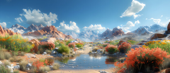 64k, 8k widescreen, wallpaper, amazing lanscape scene, flowers in desert, Colorful Meadow Beneath Majestic Sky