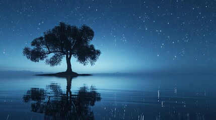 In a tranquil scene, a lone tree is bathed in moonlight, casting a reflective glow on the calm waters of a serene lake.