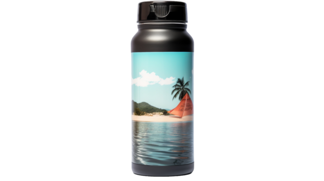 A water bottle featuring a vibrant palm tree design
