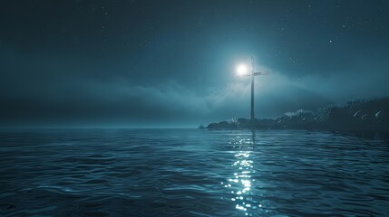 A solitary cross glows with a serene light above the ocean's surface at night, creating a peaceful and spiritual atmosphere. - obrazy, fototapety, plakaty
