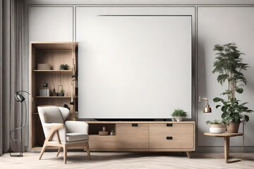 Mockup a cabinet TV wall mounted with armchair in minimal style on transparent background.3d rendering