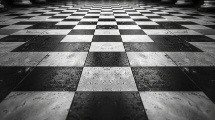 Black and white checkered floor with warping effect. - obrazy, fototapety, plakaty