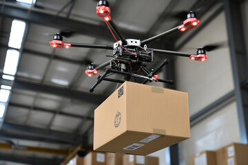 drone capabilities, a cardboard box is lifted by a drone, exemplifying the integration of technology in modern transportation systems for seamless and rapid delivery services.