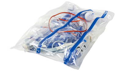 A plastic bag overflows with a chaotic jumble of colorful wires and cables