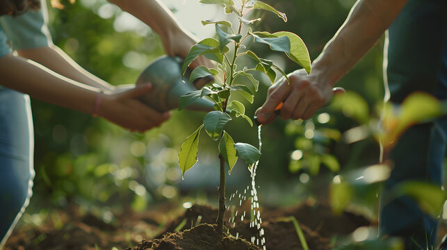 Two or more people planting or watering a tree together,