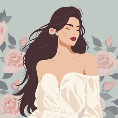 Vector flat fashion illustration of a young beautiful woman with a flower on her long flowing hair, wearing an elegant dress with bare shoulders on a floral background. Back view.
